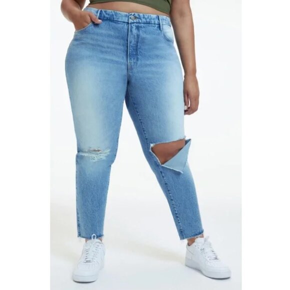 Good American Weekender Straight Leg Jeans Distressed Ripped Knees sz 15 - Picture 2 of 13